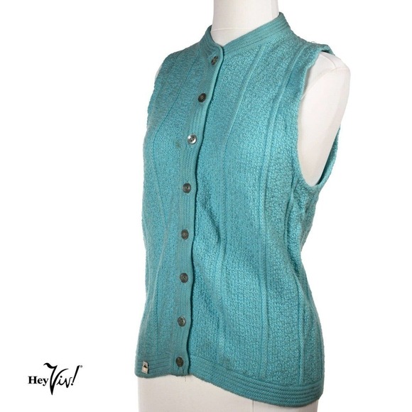 Vintage Turquoise Button Up V Neck Vest Sweater Deadstock 1970s Sz 36 - Hey Viv - Picture 1 of 6